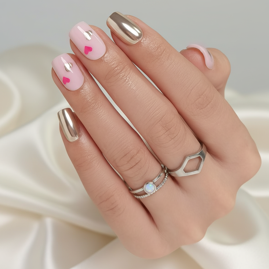 Gold Pink Hearts Medium Square Nail Kit