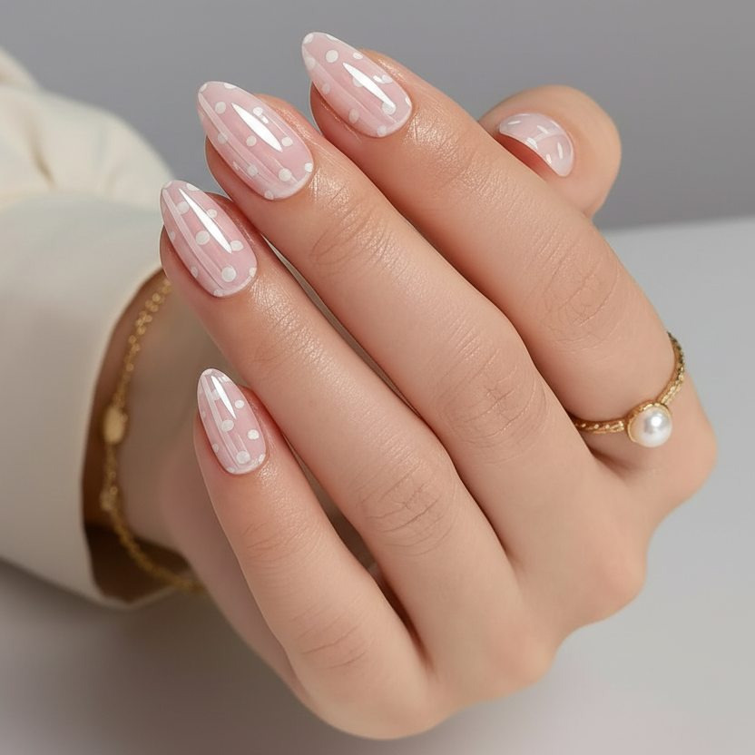 Pastel Pink & White Dots Medium Almond Nail Kit